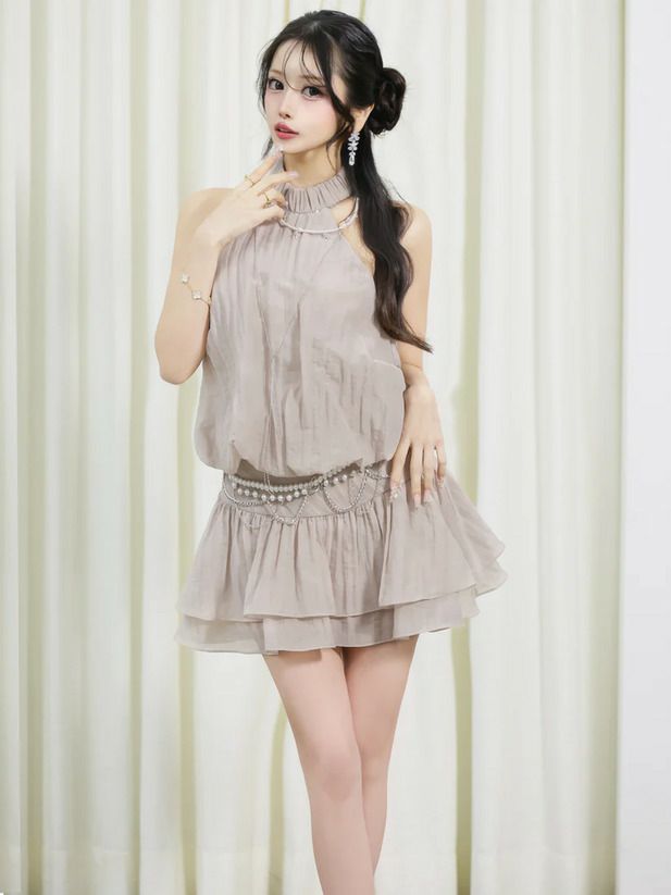 AngelR エンジェルアール シフォンホルターネックチェーンウエストベルトビジューパールフレアミニドレス モカベージュ ar25827-1-ks