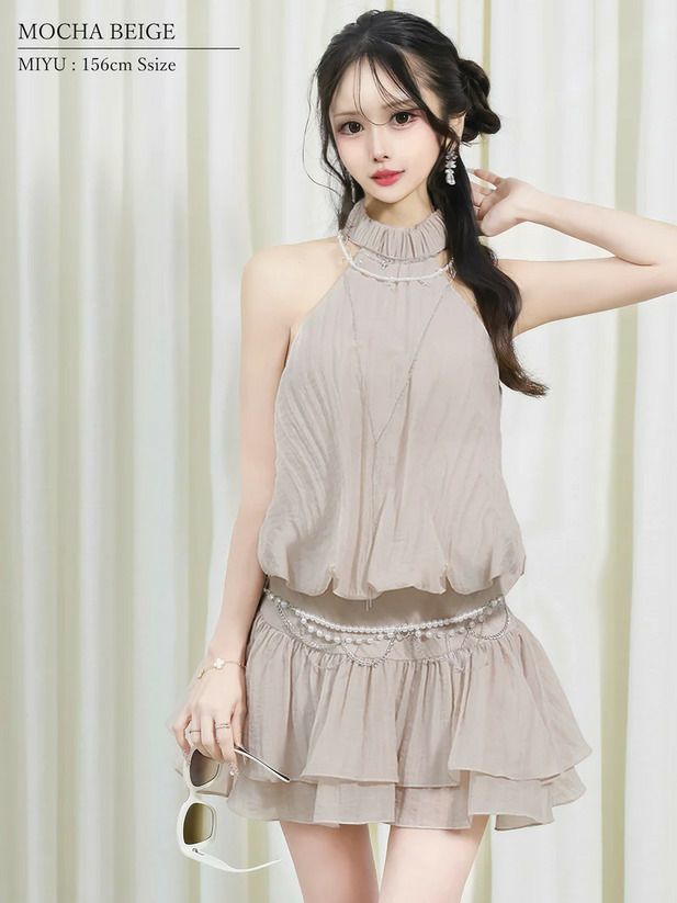 AngelR エンジェルアール シフォンホルターネックチェーンウエストベルトビジューパールフレアミニドレス モカベージュ ar25827-1-ks