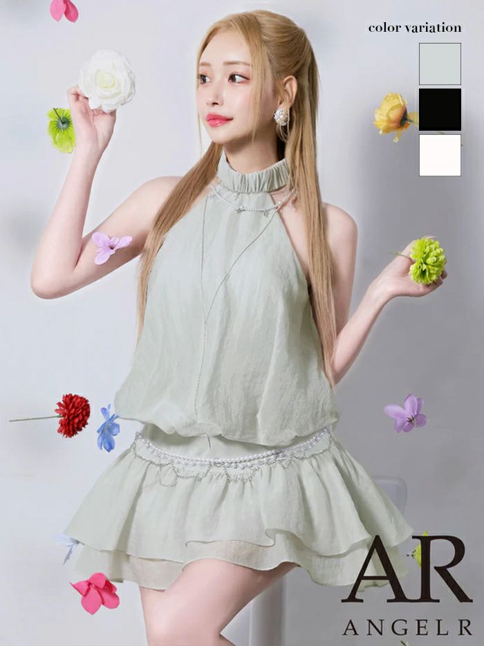 AngelR エンジェルアール シフォンホルターネックチェーンウエストベルトビジューパールフレアミニドレス ar25827