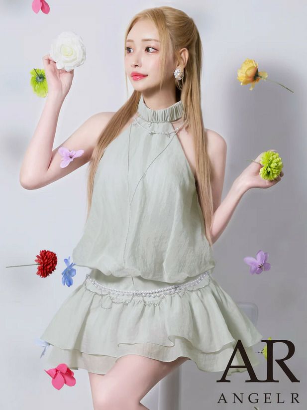 AngelR エンジェルアール シフォンホルターネックチェーンウエストベルトビジューパールフレアミニドレス ar25827