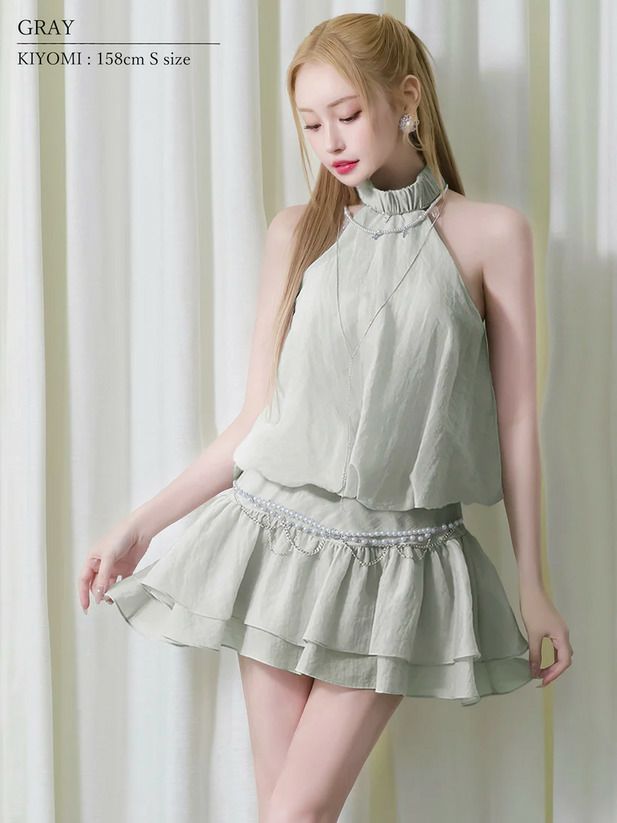 AngelR エンジェルアール シフォンホルターネックチェーンウエストベルトビジューパールフレアミニドレス ar25827