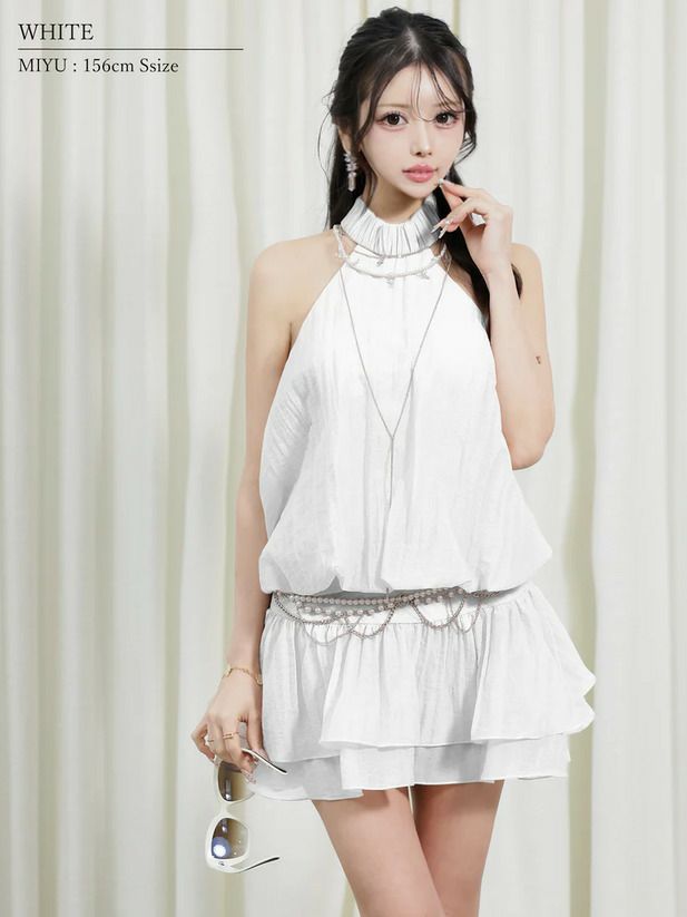 AngelR エンジェルアール シフォンホルターネックチェーンウエストベルトビジューパールフレアミニドレス ar25827