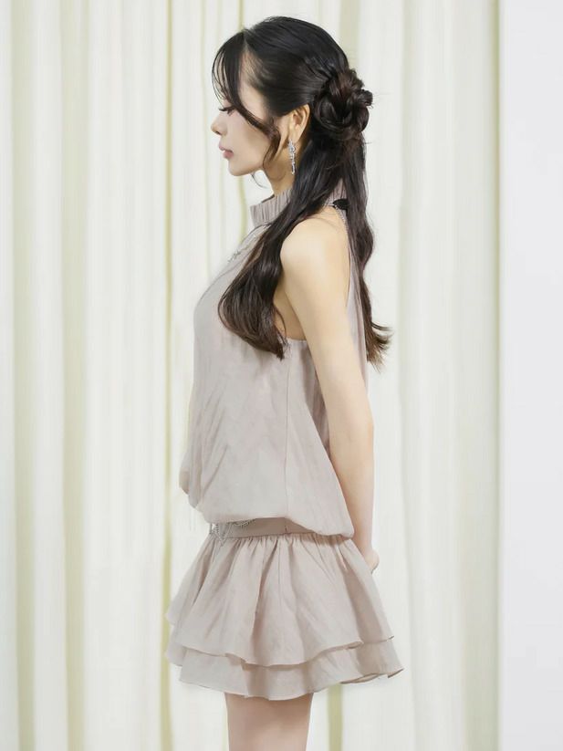 AngelR エンジェルアール シフォンホルターネックチェーンウエストベルトビジューパールフレアミニドレス ar25827