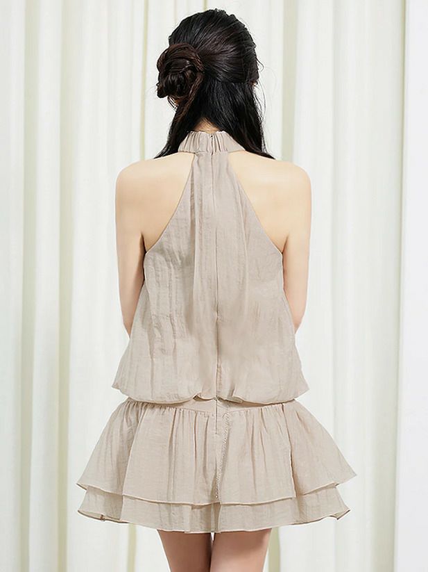 AngelR エンジェルアール シフォンホルターネックチェーンウエストベルトビジューパールフレアミニドレス ar25827