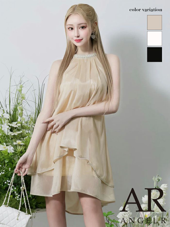 AngelR エンジェルアール シフォンデコルテパールビジューウエストベルト ワンピース フレアミニドレス ar25832