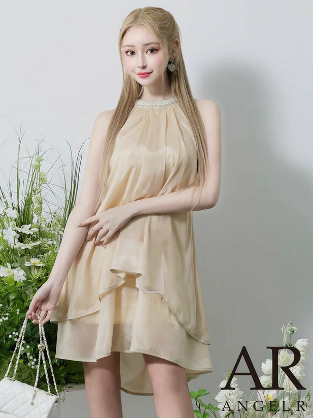 AngelR エンジェルアール シフォンデコルテパールビジューウエストベルト ワンピース フレアミニドレス ar25832