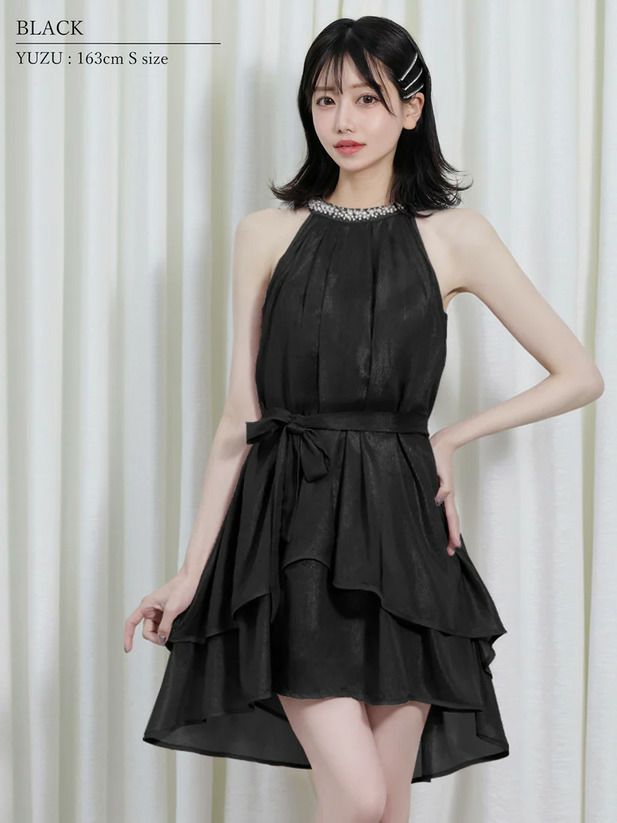 AngelR エンジェルアール シフォンデコルテパールビジューウエストベルト ワンピース フレアミニドレス ar25832