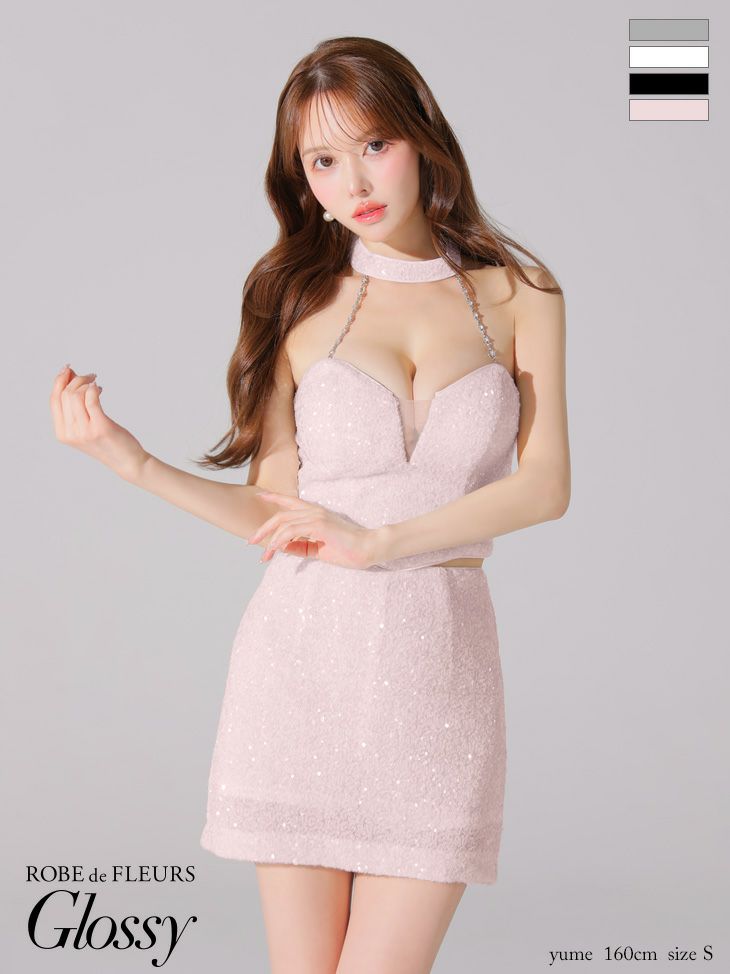 Glossy ローブドフルールグロッシー 2wayスパンコールホルターバストカットセットアップミニキャバドレス gl4204-c