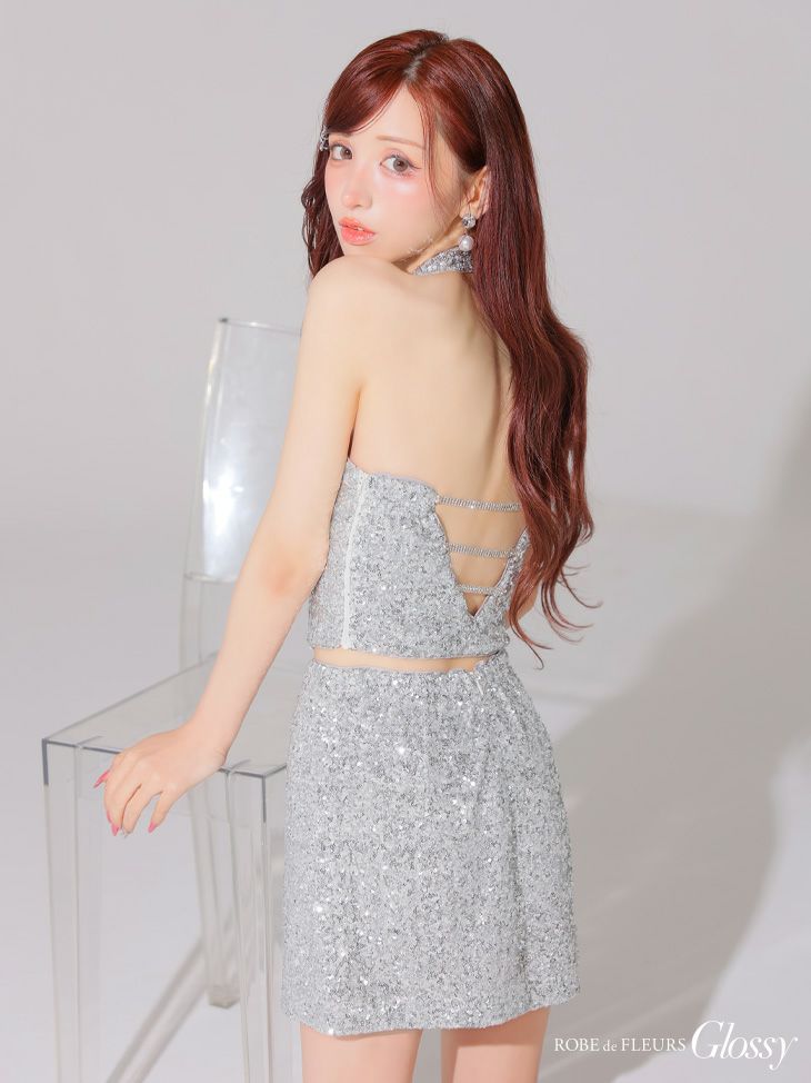 Glossy ローブドフルールグロッシー 2wayスパンコールホルターバストカットセットアップミニキャバドレス gl4204-c