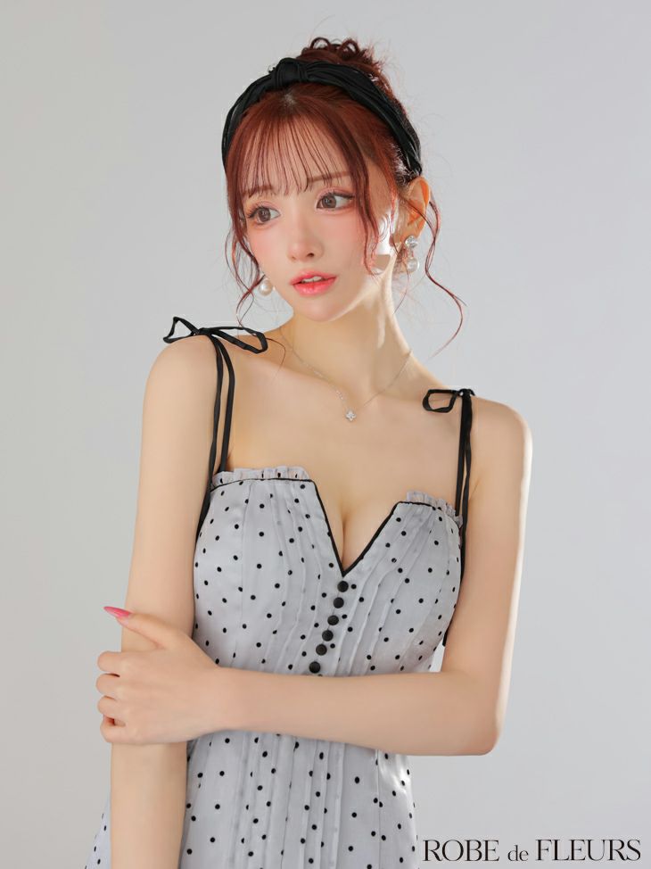 ROBE de FLEURS ローブドフルール ドットオーガンジーパイピングセミフレアミニキャバドレス fm3599