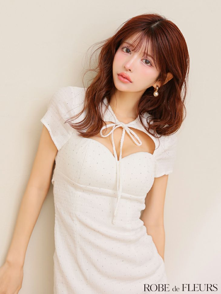ROBE de FLEURS ローブドフルール カットデザインビジューワッフルリボンミニキャバドレス fm3294-c