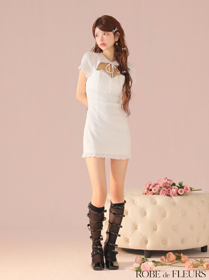 ROBE de FLEURS ローブドフルール カットデザインビジューワッフルリボンミニキャバドレス fm3294-c