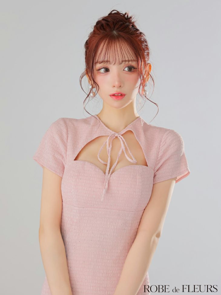 ROBE de FLEURS ローブドフルール カットデザインビジューワッフルリボンミニキャバドレス fm3294-c