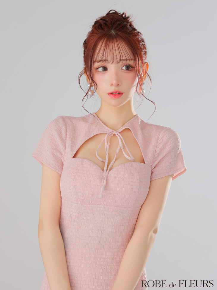 ROBE de FLEURS ローブドフルール カットデザインビジューワッフルリボンミニキャバドレス fm3294-c