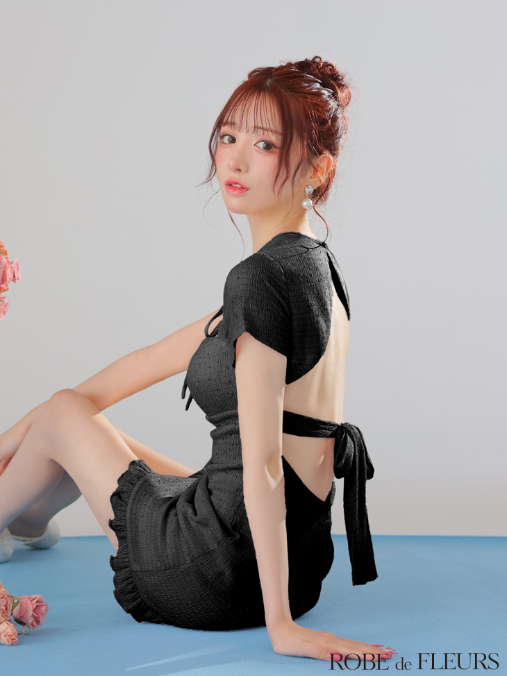 ROBE de FLEURS ローブドフルール カットデザインビジューワッフルリボンミニキャバドレス fm3294-c