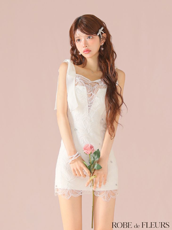 ROBE de FLEURS ローブドフルール ショルダーリボンレースリボンミニキャバドレス fm3457-c