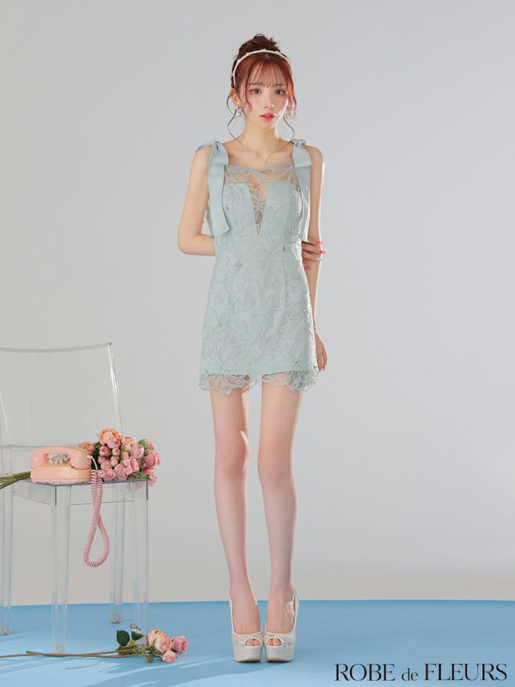 ROBE de FLEURS ローブドフルール ショルダーリボンレースリボンミニキャバドレス fm3457-c