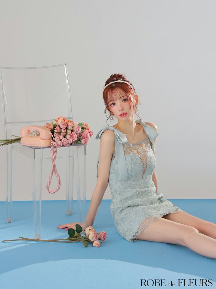 ROBE de FLEURS ローブドフルール ショルダーリボンレースリボンミニキャバドレス fm3457-c
