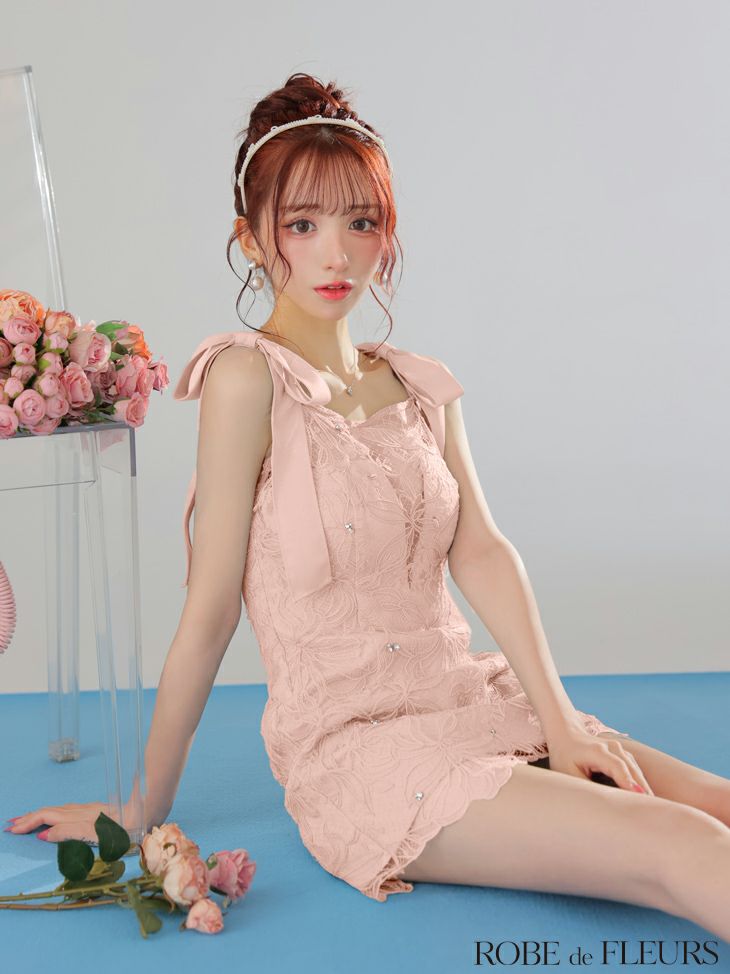 ROBE de FLEURS ローブドフルール ショルダーリボンレースリボンミニキャバドレス fm3457-c