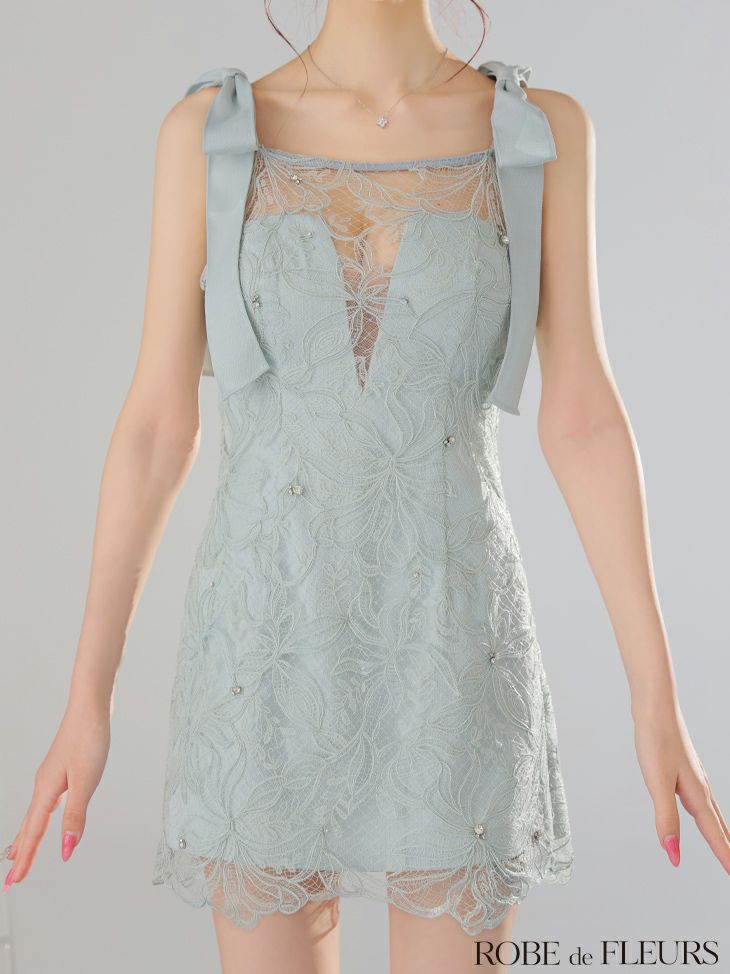ROBE de FLEURS ローブドフルール ショルダーリボンレースリボンミニキャバドレス fm3457-c