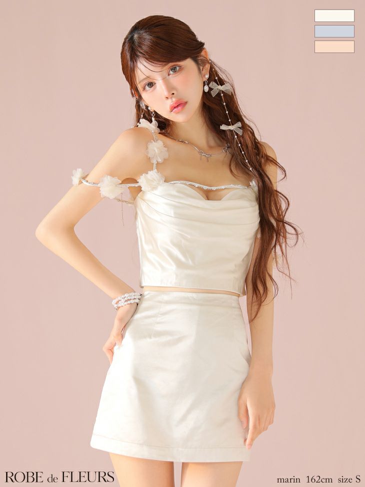 ROBE de FLEURS ローブドフルール フラワーストラップサテンセットアップミニキャバドレス【フラワーパーツ取り外し可能】 fm3461-c