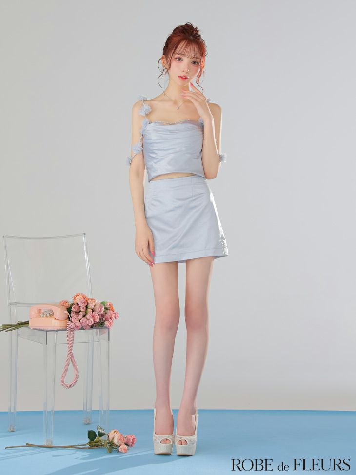 ROBE de FLEURS ローブドフルール フラワーストラップサテンセットアップミニキャバドレス【フラワーパーツ取り外し可能】 fm3461-c