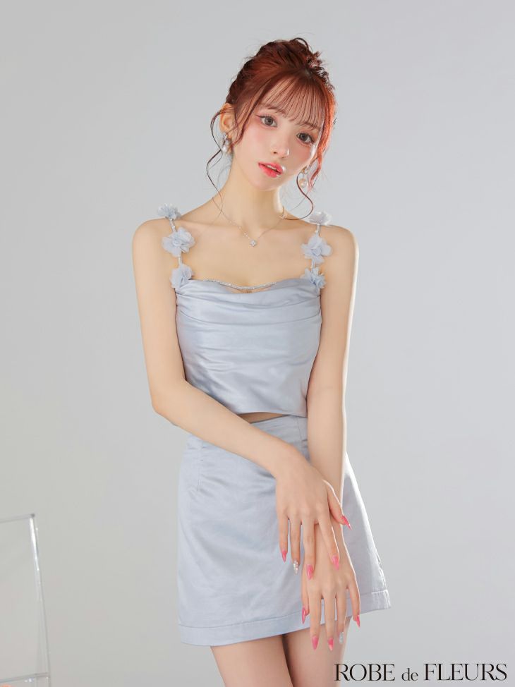 ROBE de FLEURSフラワーストラップサテンセットアップミニキャバドレス XSサイズあり】パーツ取り外し可能♡フラワーストラップサテン