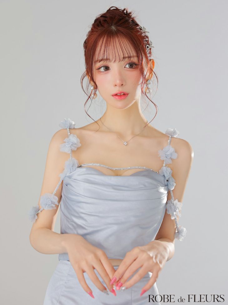 ROBE de FLEURS ローブドフルール フラワーストラップサテンセットアップミニキャバドレス【フラワーパーツ取り外し可能】 fm3461-c