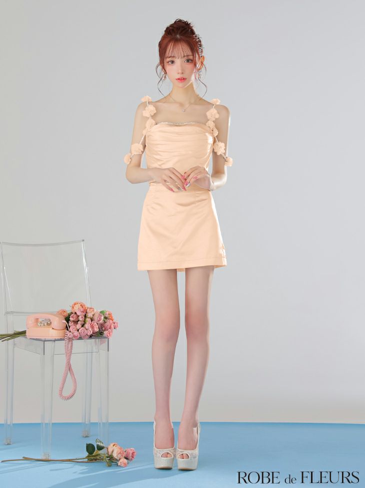 ROBE de FLEURS ローブドフルール フラワーストラップサテンセットアップミニキャバドレス【フラワーパーツ取り外し可能】 fm3461-c