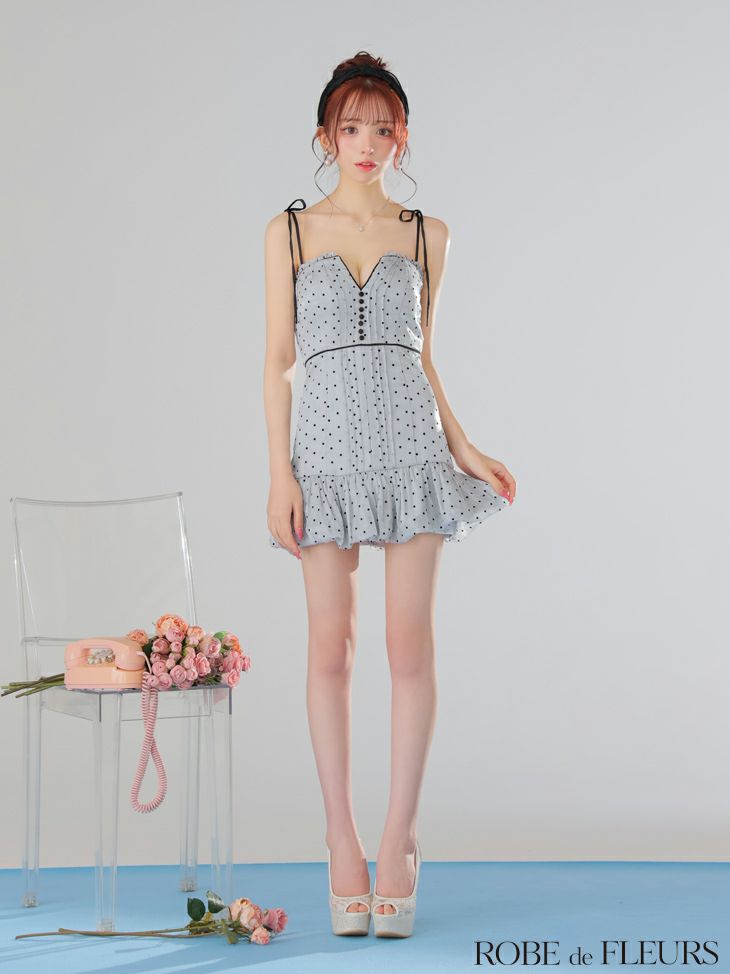 ROBE de FLEURS ローブドフルール ドットオーガンジーパイピングセミフレアミニキャバドレス fm3599-c