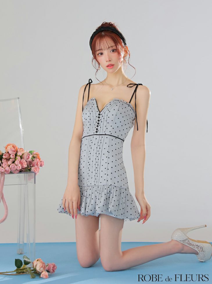 ROBE de FLEURS ローブドフルール ドットオーガンジーパイピングセミフレアミニキャバドレス fm3599-c