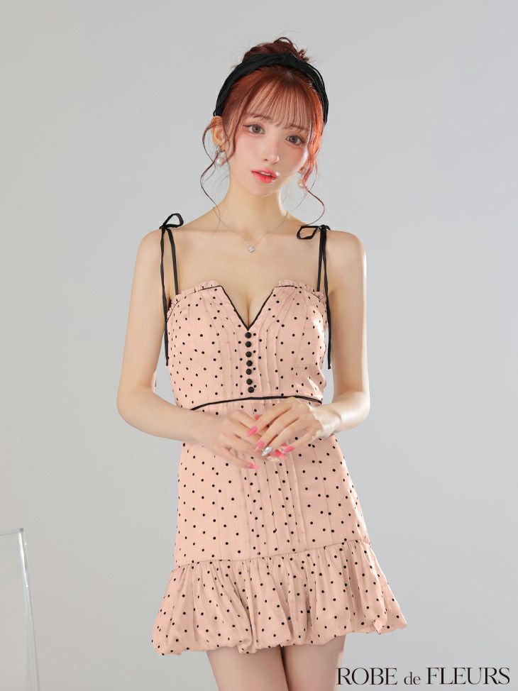 ROBE de FLEURS ローブドフルール ドットオーガンジーパイピングセミフレアミニキャバドレス fm3599-c