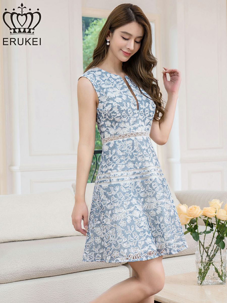 ERUKEI エルケイ ホワイト×ブルー レース・ノースリーブ・切替・Aライン・ミニドレス・ワンピース ek-e25015