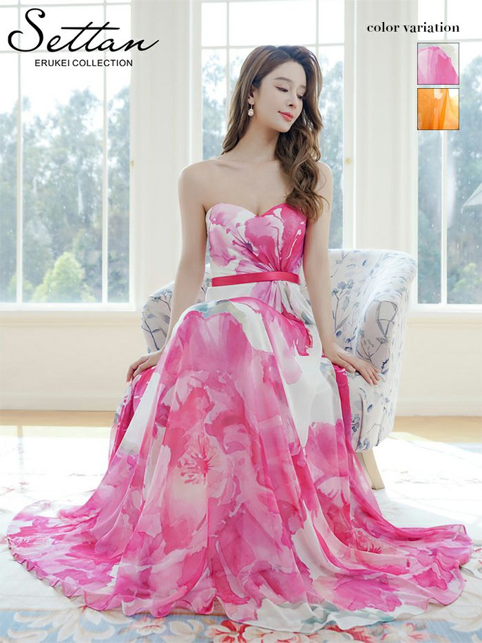 ERUKEI エルケイ ベアトップ・スピンドル・シフォン・花柄・プリント・Aライン・ロングドレス ek-s37102