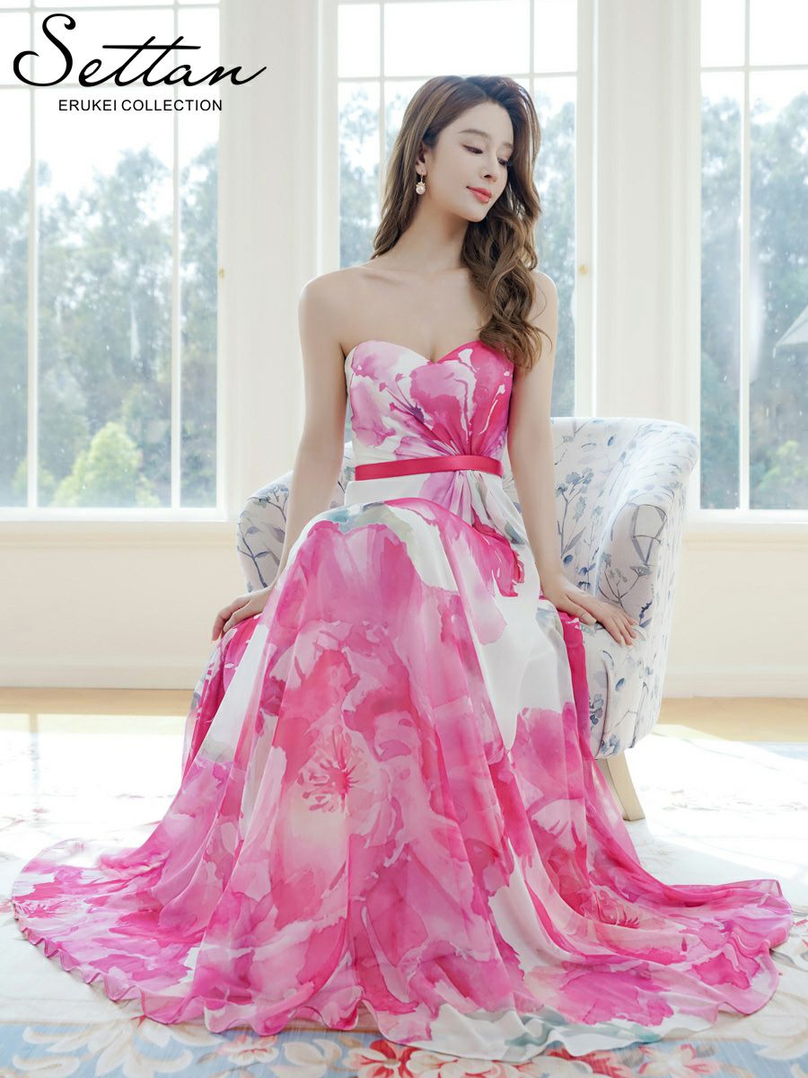 ERUKEI エルケイ ベアトップ・スピンドル・シフォン・花柄・プリント・Aライン・ロングドレス ek-s37102