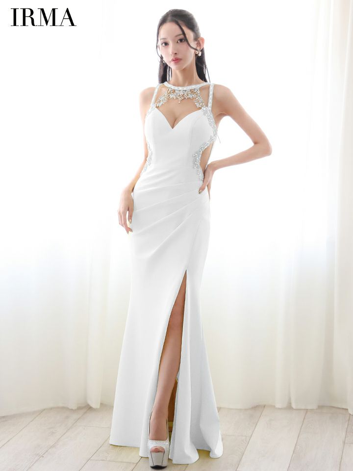 IRMA イルマ ワンカラー/デコルテビジュー/カットアウトル/スリット入り/タイト ロングドレス ir51838-c