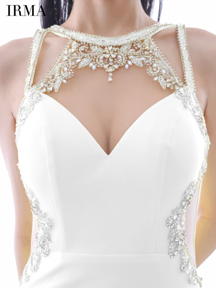 IRMA イルマ ワンカラー/デコルテビジュー/カットアウトル/スリット入り/タイト ロングドレス ir51838-c