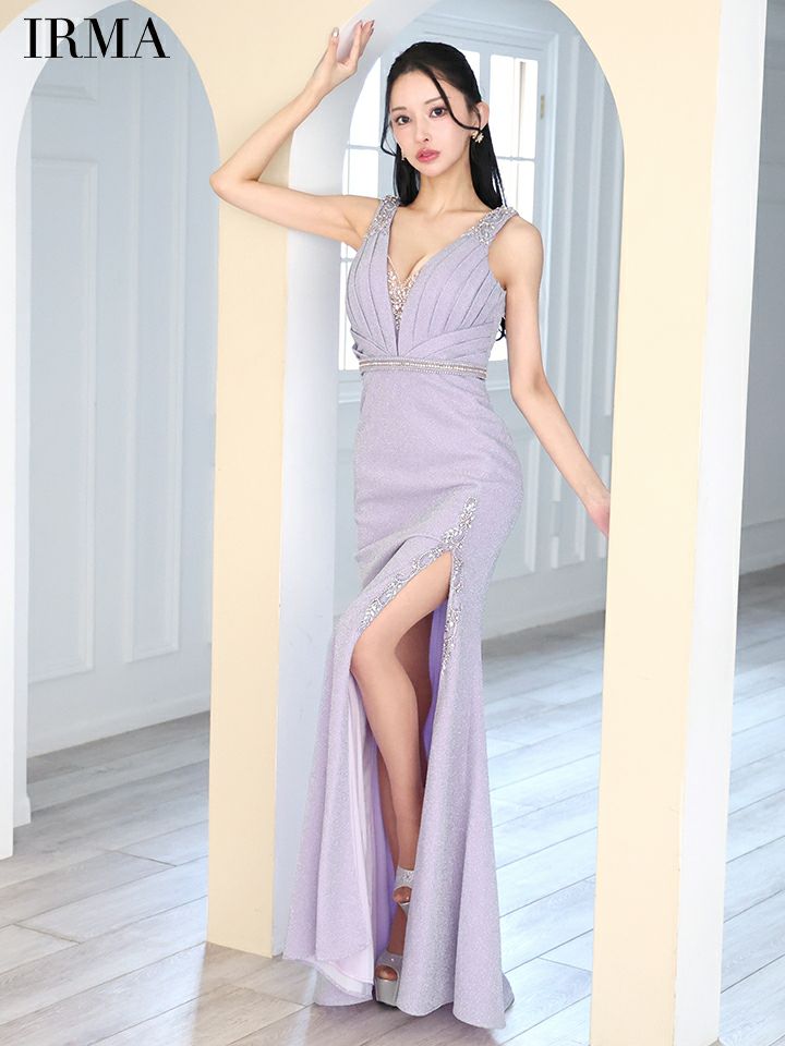 IRMA イルマ ラメニット/タックデザイン/ウエスト切替/ビジュー/スリット入り/タイト ロングドレス ir51840-c