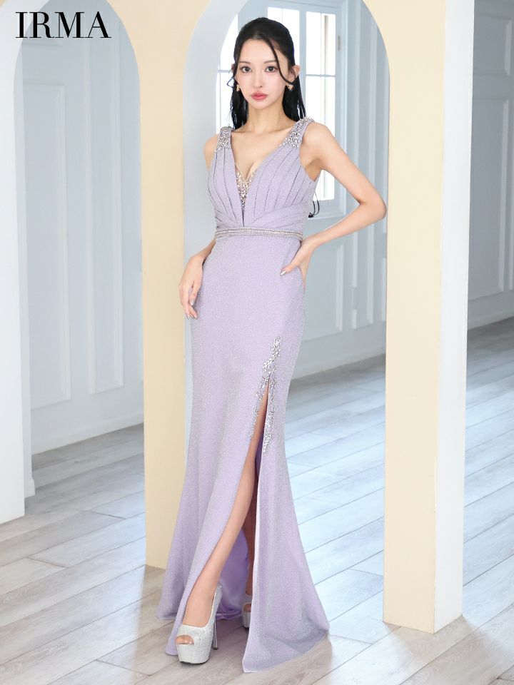 IRMA イルマ ラメニット/タックデザイン/ウエスト切替/ビジュー/スリット入り/タイト ロングドレス ir51840-c