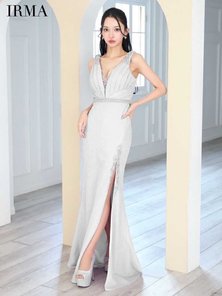 IRMA イルマ ラメニット/タックデザイン/ウエスト切替/ビジュー/スリット入り/タイト ロングドレス ir51840-c