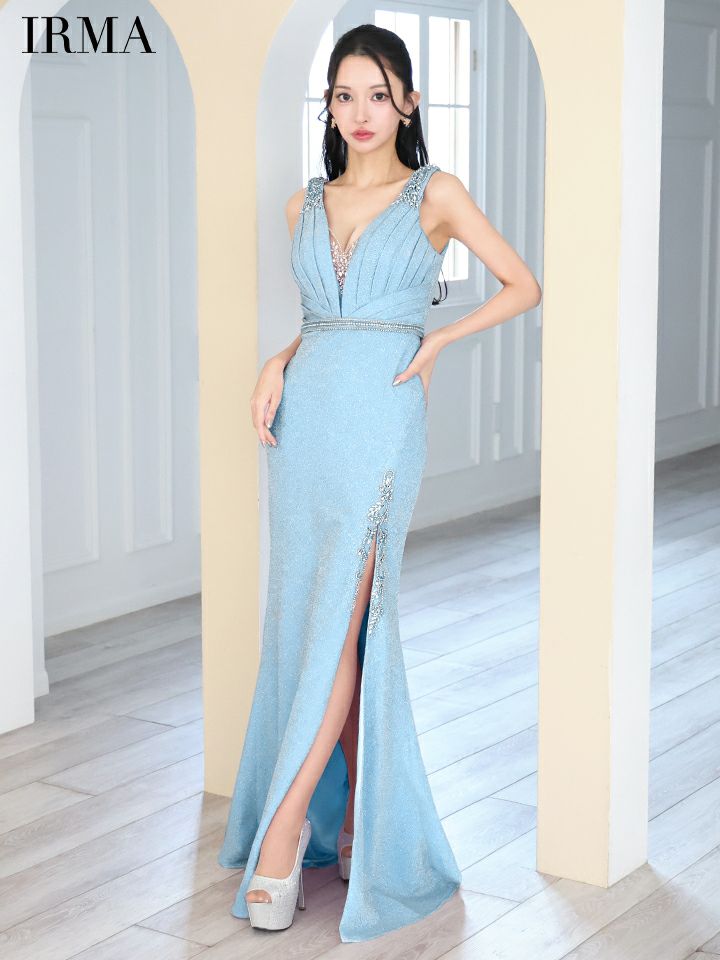 IRMA イルマ ラメニット/タックデザイン/ウエスト切替/ビジュー/スリット入り/タイト ロングドレス ir51840-c