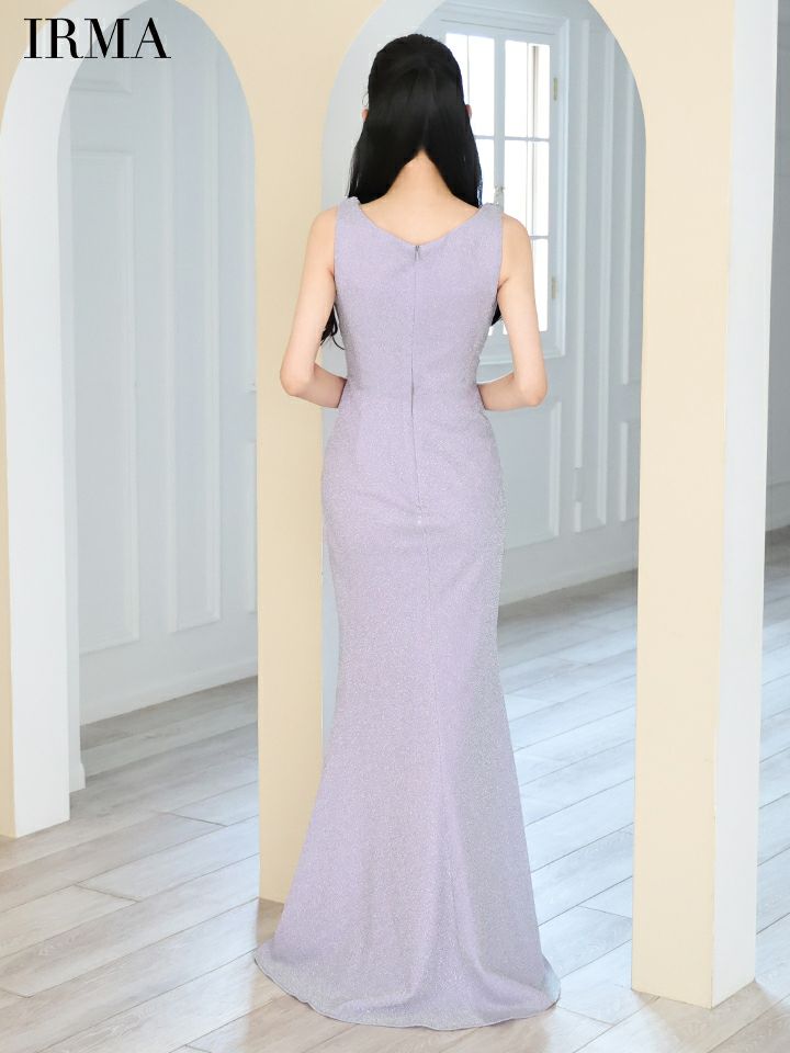 IRMA イルマ ラメニット/タックデザイン/ウエスト切替/ビジュー/スリット入り/タイト ロングドレス ir51840-c