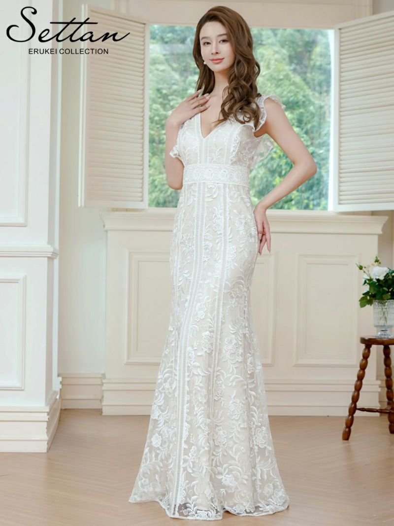 ERUKEI エルケイ ホワイト Vネック・フリルスリーブ・総レース・ハイウエスト・タイト・マーメイド・ロングドレス ek-s37088