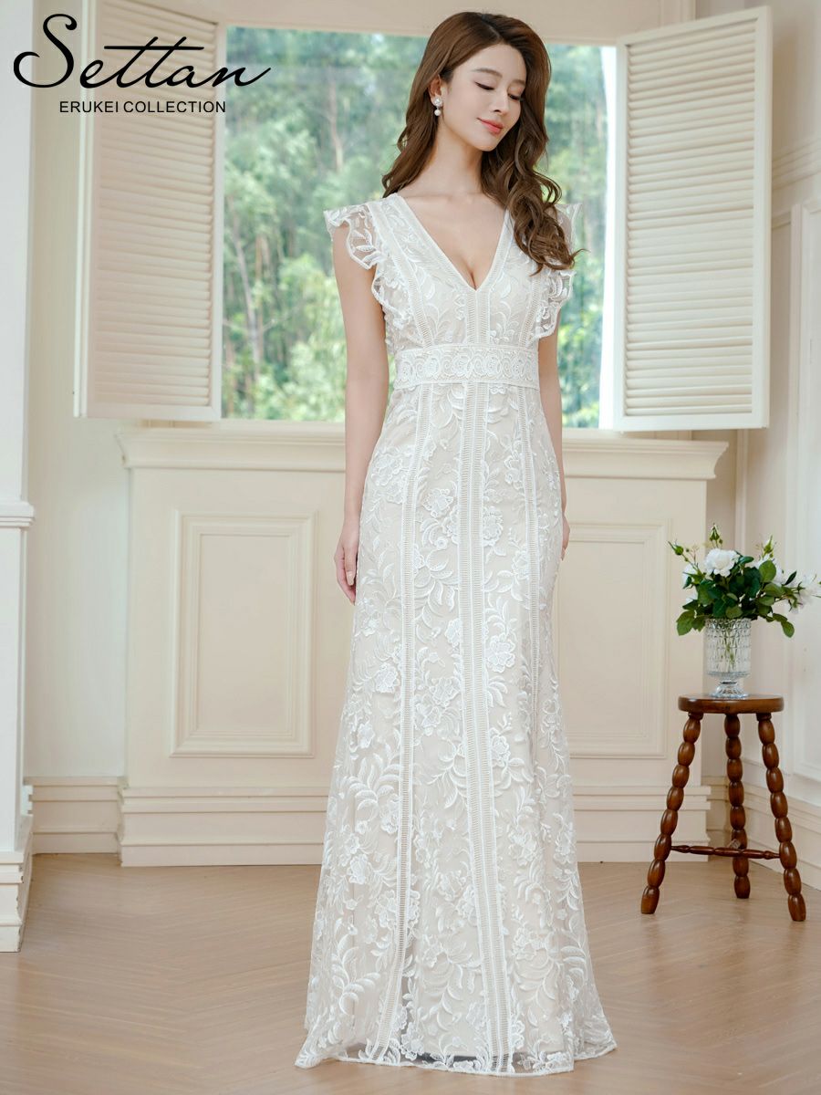 ERUKEI エルケイ ホワイト Vネック・フリルスリーブ・総レース・ハイウエスト・タイト・マーメイド・ロングドレス ek-s37088
