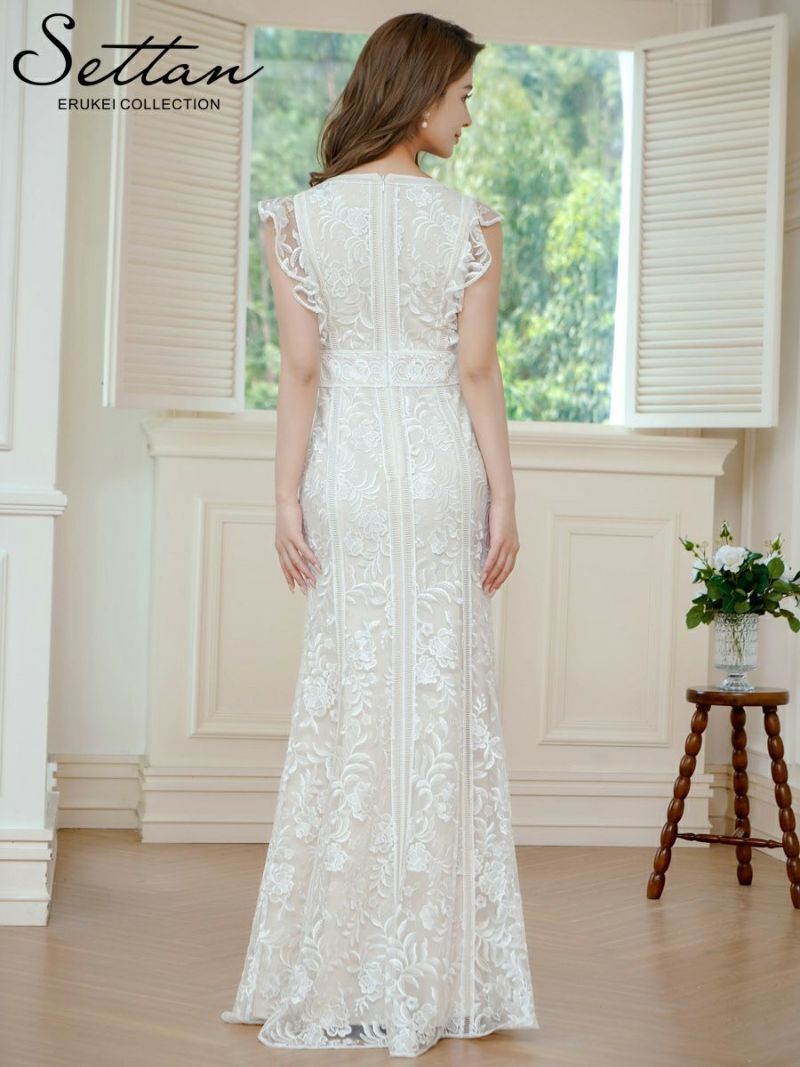 ERUKEI エルケイ ホワイト Vネック・フリルスリーブ・総レース・ハイウエスト・タイト・マーメイド・ロングドレス ek-s37088