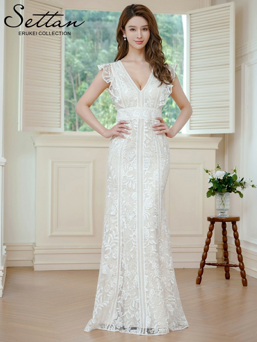ERUKEI エルケイ ホワイト Vネック・フリルスリーブ・総レース・ハイウエスト・タイト・マーメイド・ロングドレス ek-s37088