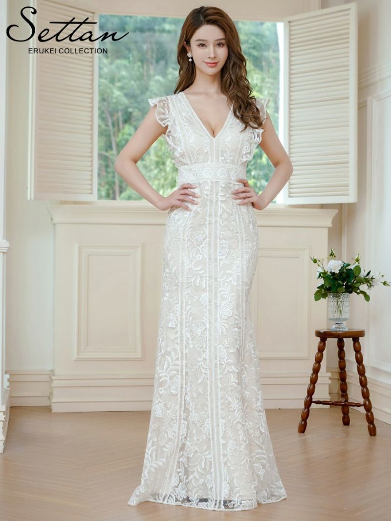 ERUKEI エルケイ ホワイト Vネック・フリルスリーブ・総レース・ハイウエスト・タイト・マーメイド・ロングドレス ek-s37088