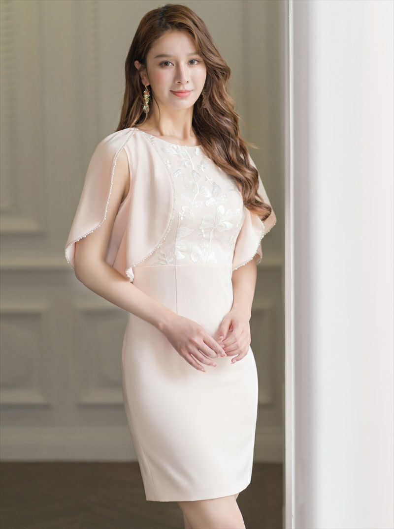 ERUKEI エルケイ ベージュ タイト・胸元刺繍・フリルスリーブ・パール・ミニドレス・ワンピース ek-s24033