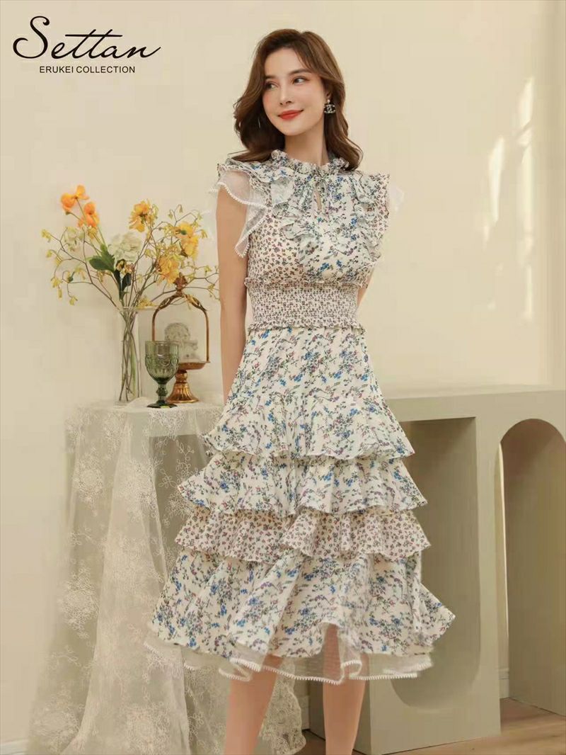 ERUKEI エルケイ 花柄・カラフル・ティアードフリル・シフォン・プチハイネック・マキシワンピ・ミディアムワンピース・ドレス ek-l1208c