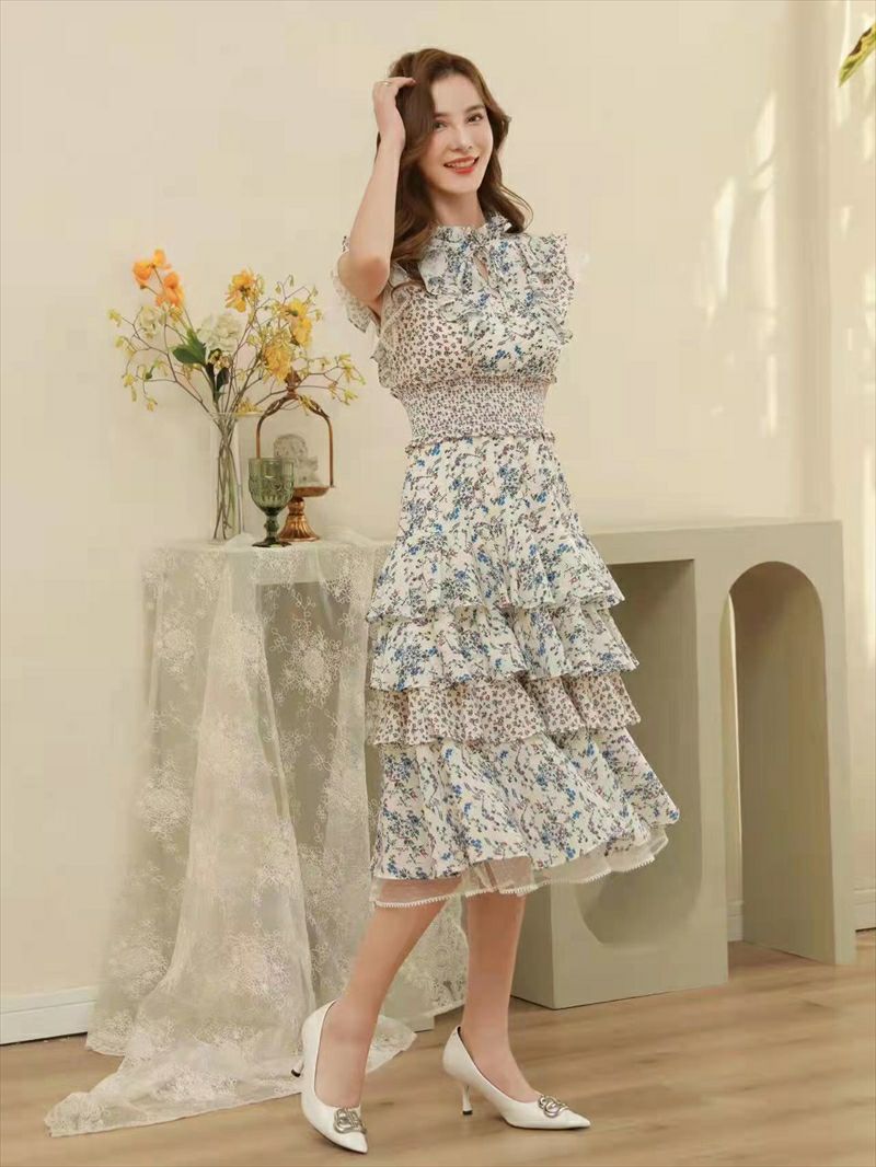 ERUKEI エルケイ 花柄・カラフル・ティアードフリル・シフォン・プチハイネック・マキシワンピ・ミディアムワンピース・ドレス ek-l1208c